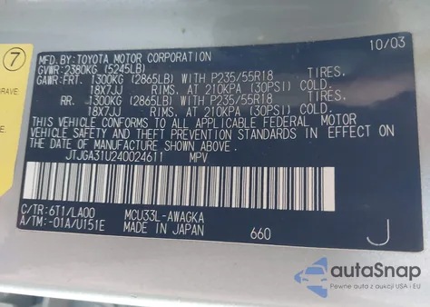 2004 Lexus Rx 330 z USA, uszkodzony, nr VIN JTJGA31U240024611